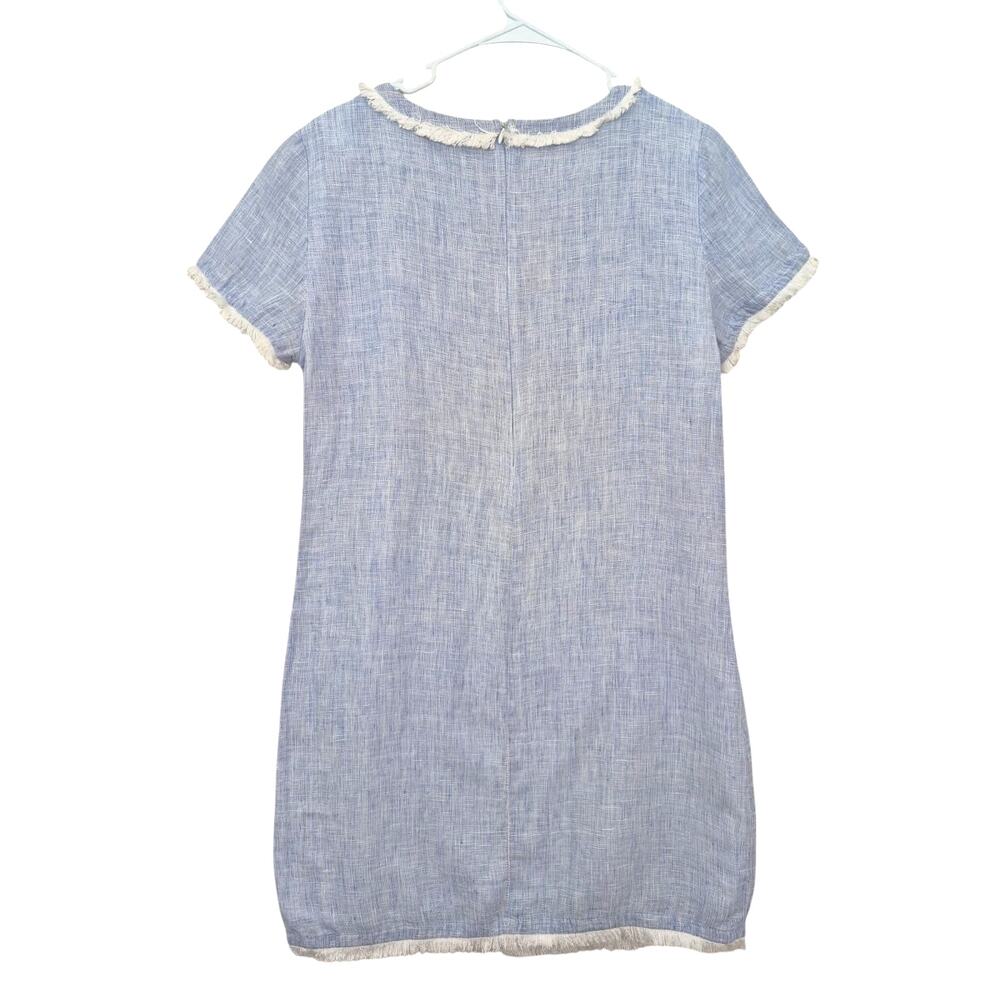 French Curve Linen Dress Sz S Lt Blue Short Sleeve Fringe Coastal Cowgirl Boho - Picture 2 of 8